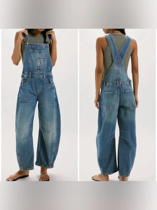 NWOT Free People We The Free Good Luck Barrel Overalls Ultra Light Beam - SMALL - Picture 1 of 11